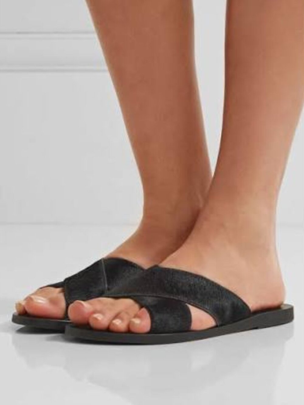 Ancient Greek Thais Black Calf Hair Slides Sandals Handmade in Greece 38 US 7